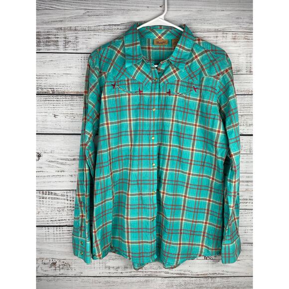 Wrangler Women Large Blue Plaid Metallic Pearl Snap Shirt Cowgirl Western Rodeo - Picture 1 of 8